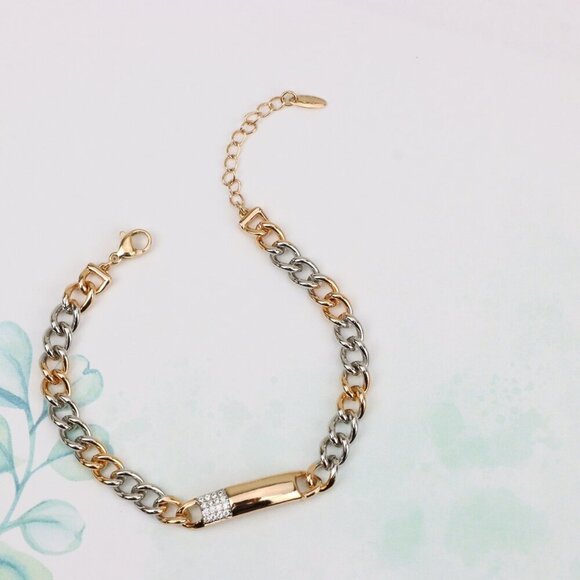 "Rose Gold & Silver Chain Bracelet with Crystal Accent Bar, XPBL0836 - Picture 2 of 13